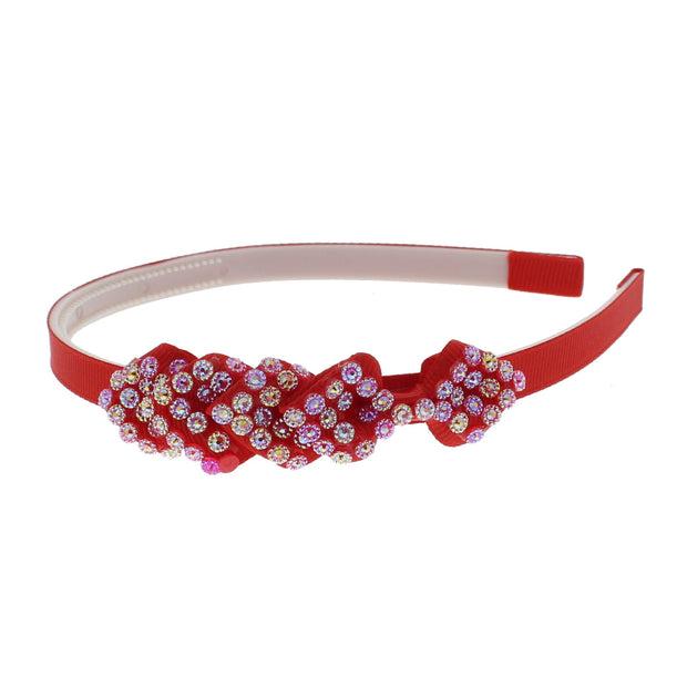 Red Thin Satin Covered Alicebands with Quadruple Crystal Stones Bows