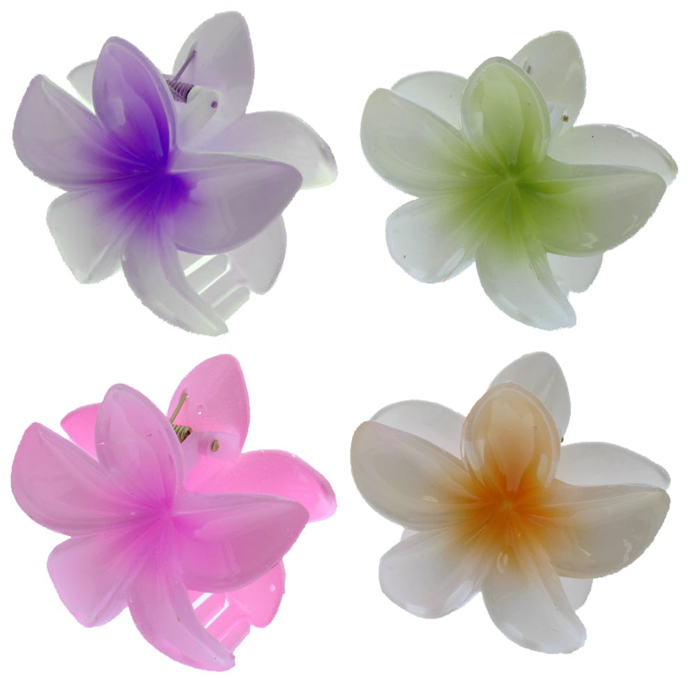 8cm White Tone Shiny Double Sided Hawaiian Flower Hair Clips