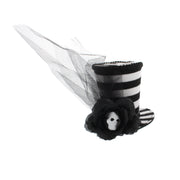 Black & White Striped Top Hat Fascinator with Skull Centred Rose & Veil