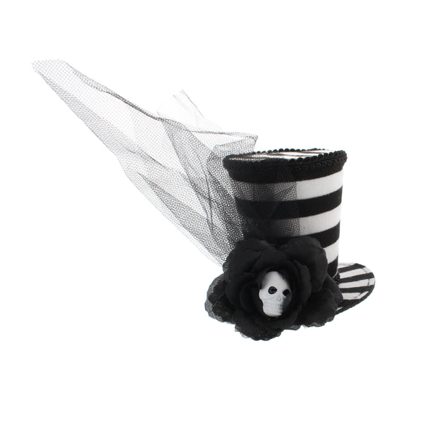 Black & White Striped Top Hat Fascinator with Skull Centred Rose & Veil