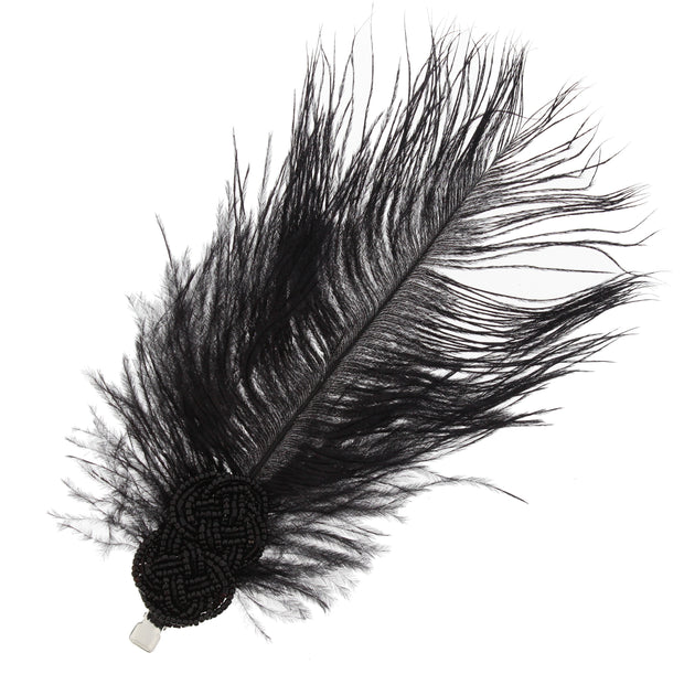 Black Long Feather Fascinator with Black Pearl Beaded Attachement