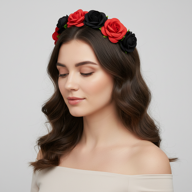A headband with a design of red and black roses alternately placed on an elastic band.