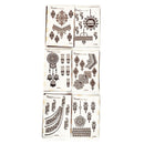 Six sheets of MARYST temporary tattoo designs arranged in a 3x2 grid on a plain white background. The designs feature intricate black henna-style patterns including mandalas, geometric shapes, and floral motifs on a cream-colored backing.