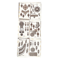 Six sheets of MARYST temporary tattoo designs arranged in a 3x2 grid on a plain white background. The designs feature intricate black henna-style patterns including mandalas, geometric shapes, and floral motifs on a cream-colored backing.