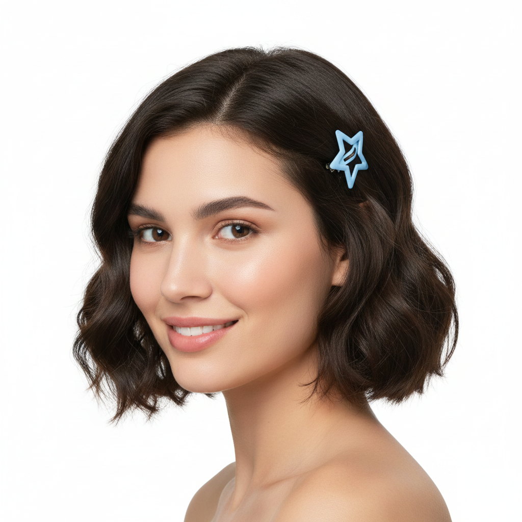 Six small star-shaped hair claw clips arranged in two columns on a plain white background. The clips come in two shades of blue: four light blue clips at the top and two darker periwinkle/blue clips at the bottom.