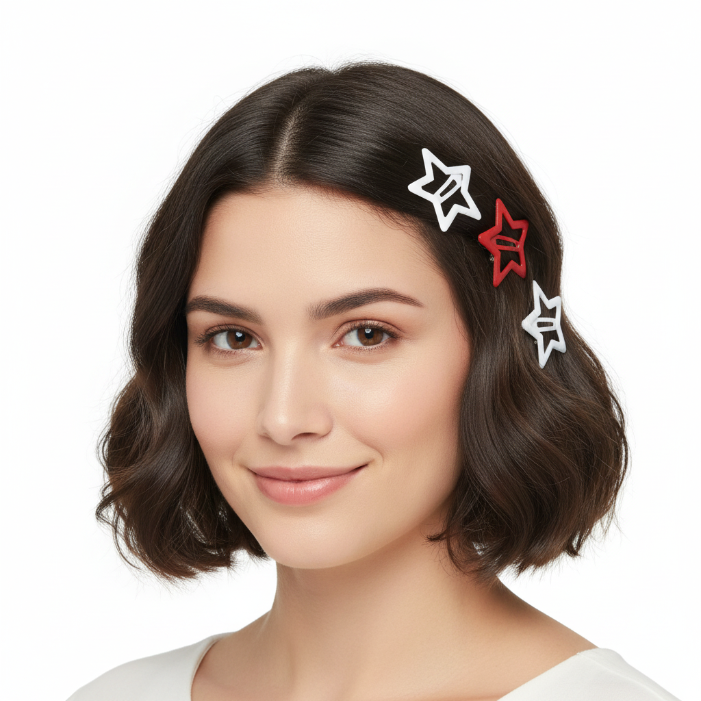 Six star-shaped hair claw clips arranged in a 2x3 grid on a plain white background. The clips come in three colorways: black, white, and red.