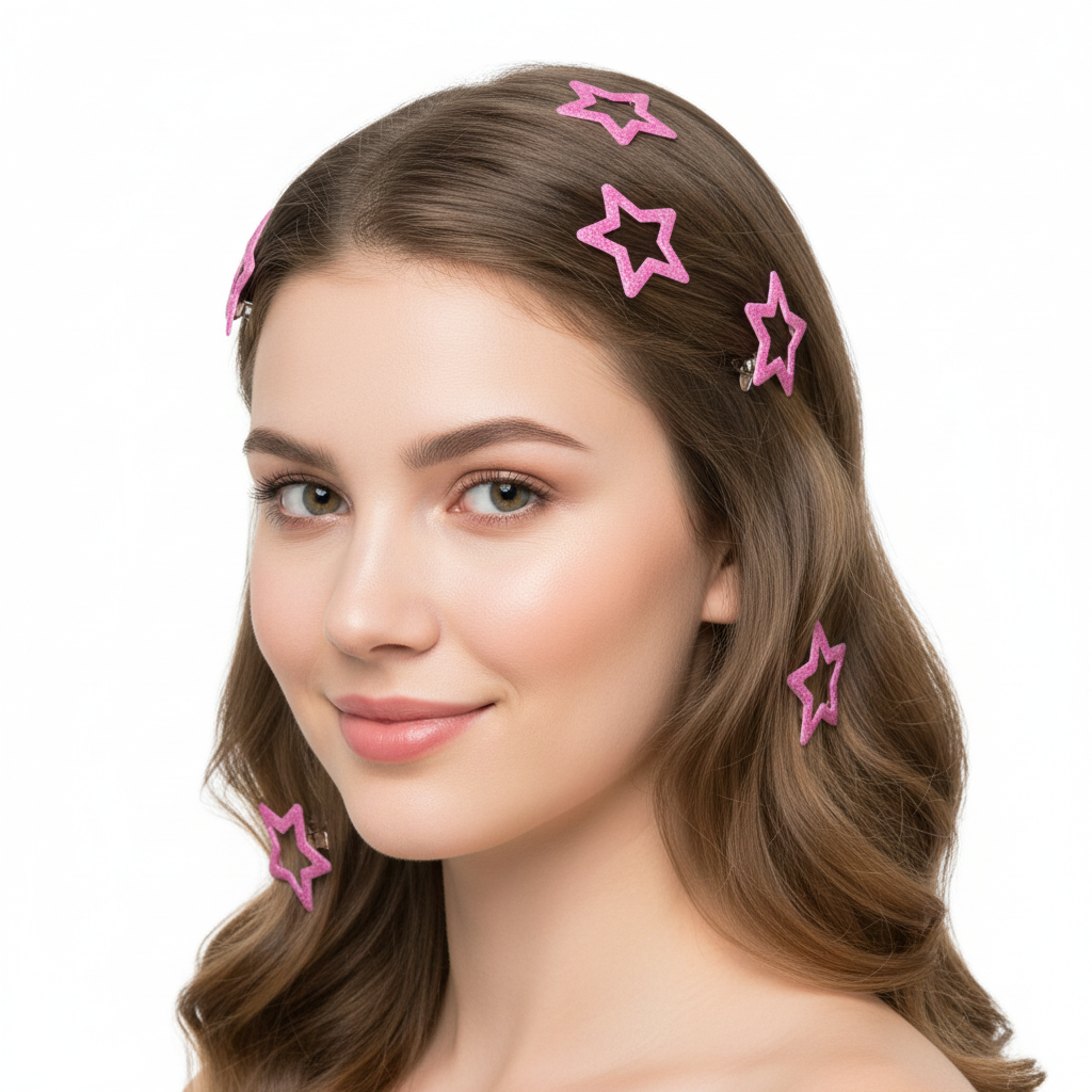 Six pink glitter star hair claw clips arranged in two columns of three on a plain white background.