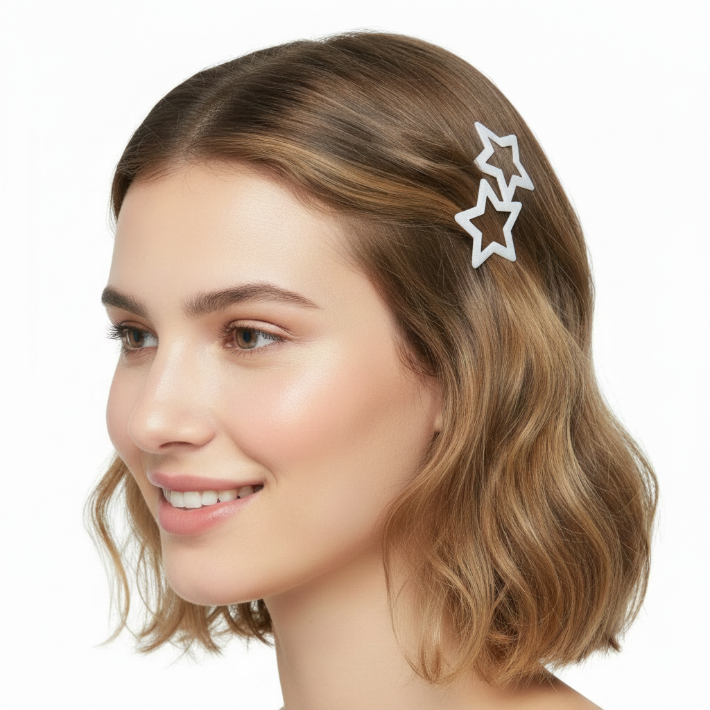 Six small white star-shaped hair claw clips arranged in two columns on a plain white background.