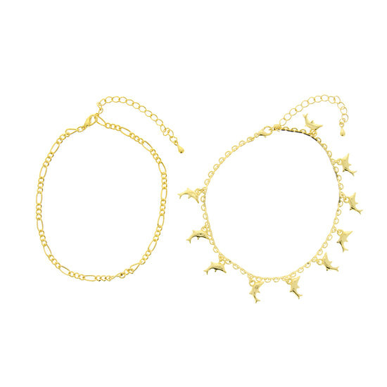 Set of 2 Gold Dolphin & Plain Anklets