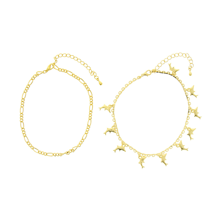 Set of 2 Gold Dolphin & Plain Anklets