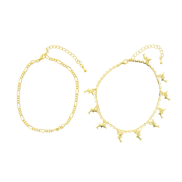 Set of 2 Gold Dolphin & Plain Anklets