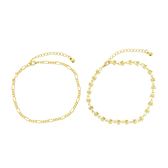 Set of 2 Gold Figaro Chain & Butterfly Anklets