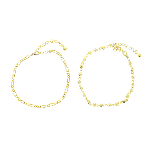 Set of 2 Gold Figaro Chain & Star Charm Anklets