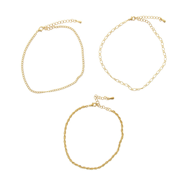 Set of 3 Gold Rope Figaro Chain Anklets
