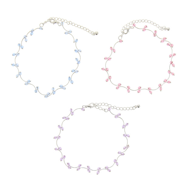 Set of 3 Silver Anklets with Coloured Beads