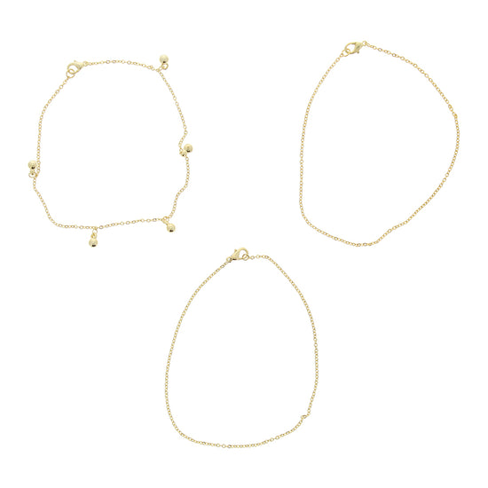 Set of 3 Beaded & Plain Anklets