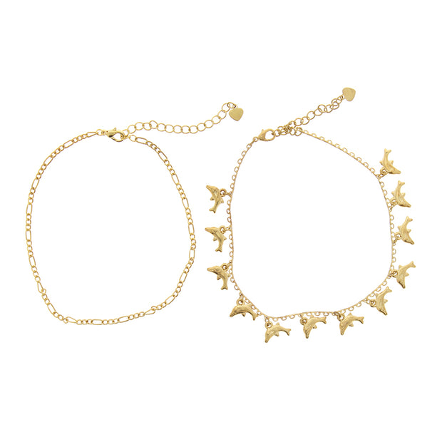 Set of 2 Gold Figaro & Dolphin Anklets