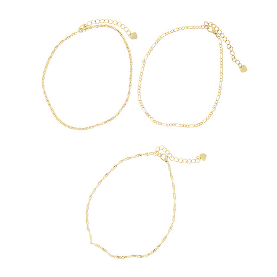 Set of 3 Gold Figaro, Twisted & Beach Anklets