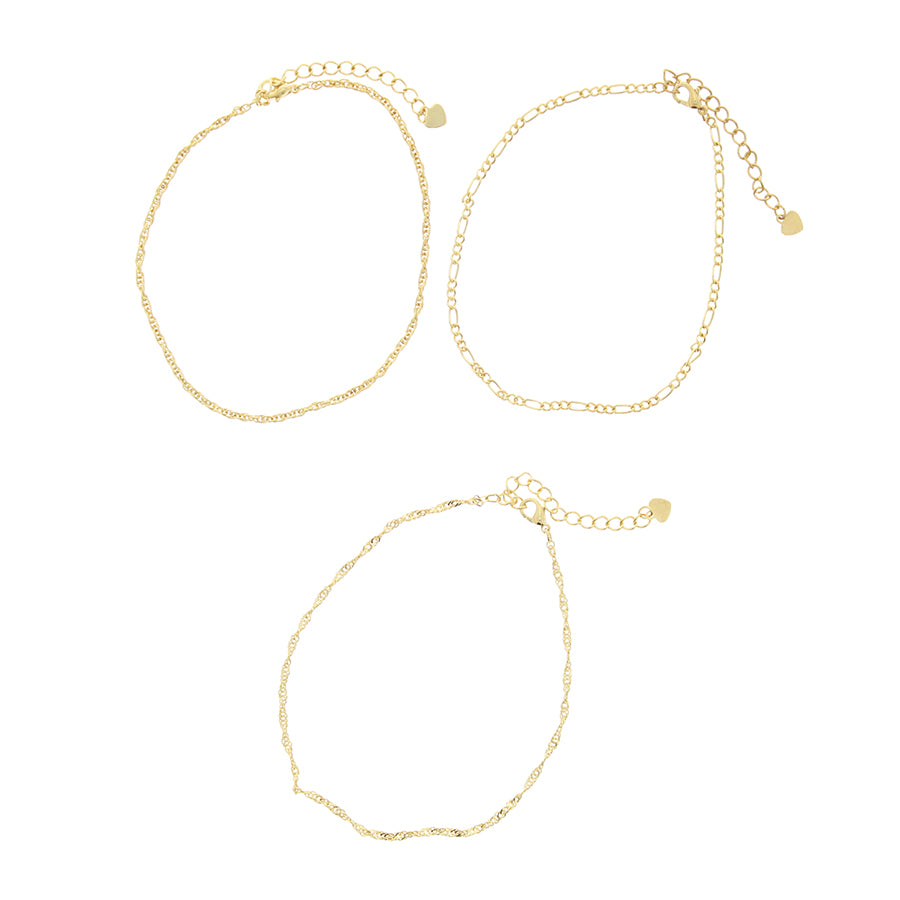 Set of 3 Gold Figaro, Twisted & Beach Anklets