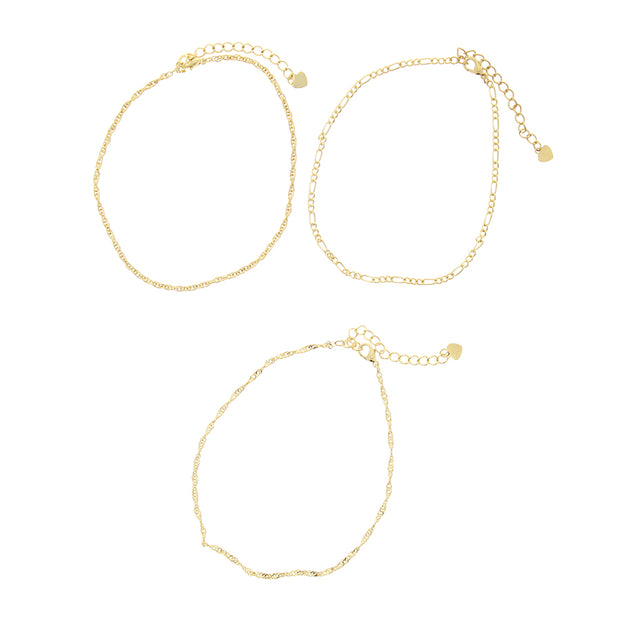 Set of 3 Gold Figaro, Twisted & Beach Anklets