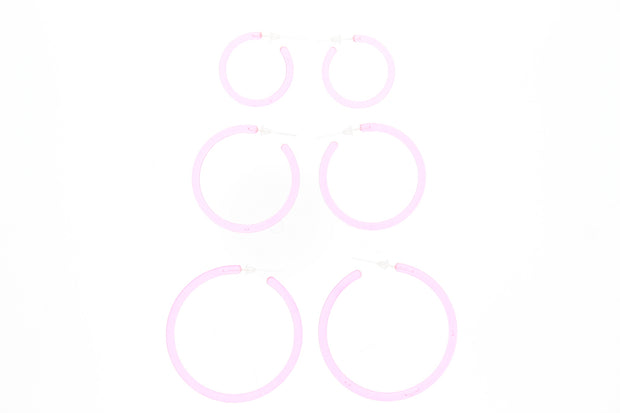 Set of 3 Assorted Size Translucent Neon Pink Hoop Earrings/ Sleepers