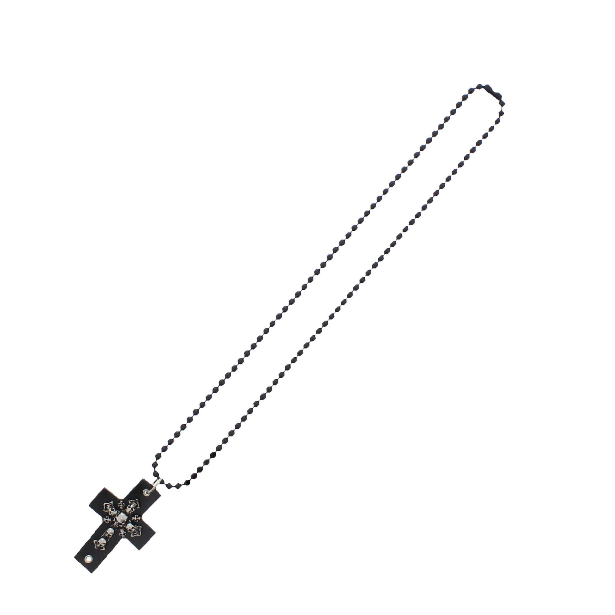 Black PU Cross Beaded Necklace with Skulls