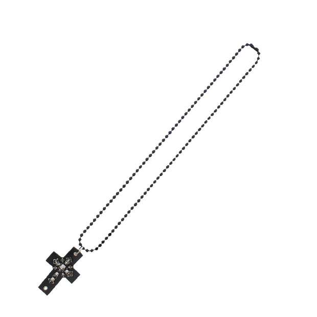 Black PU Cross Beaded Necklace with Skulls