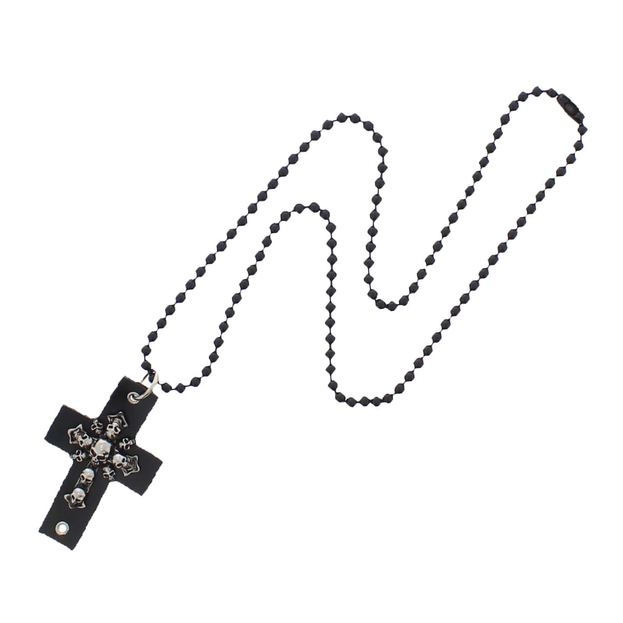 Black PU Cross Beaded Necklace with Skulls