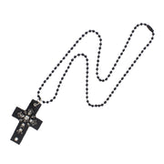 Black PU Cross Beaded Necklace with Skulls