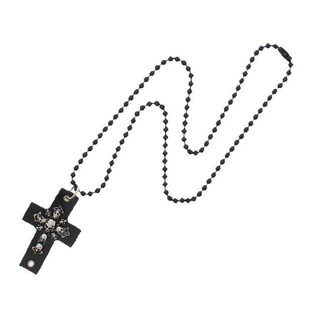Black PU Cross Beaded Necklace with Skulls