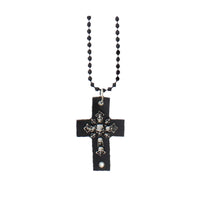 Black PU Cross Beaded Necklace with Skulls