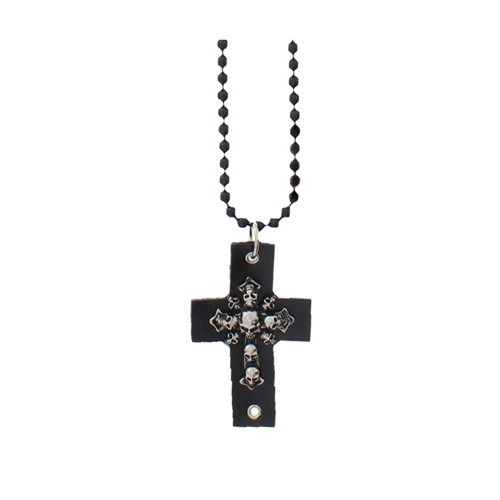 Black PU Cross Beaded Necklace with Skulls