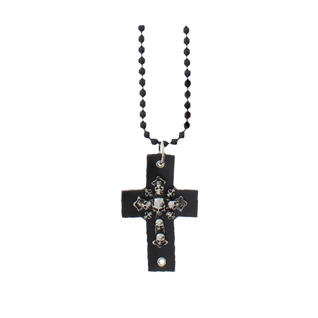 Black PU Cross Beaded Necklace with Skulls