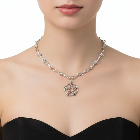 Metal Barbwire Pentagram Pendant Chain Necklace