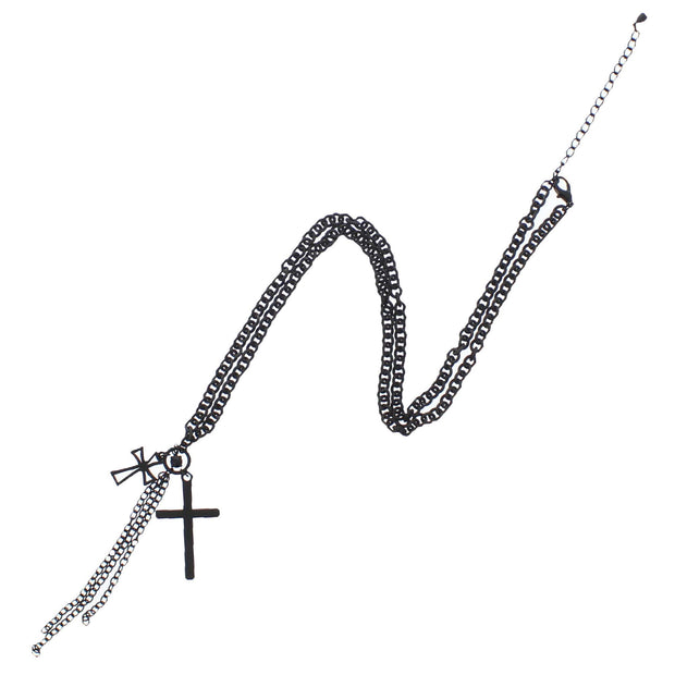 Black Chain Necklace with Crosses & Hanging Chains