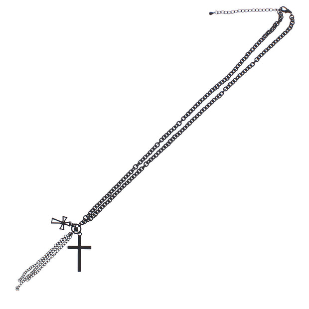 Black Chain Necklace with Crosses & Hanging Chains