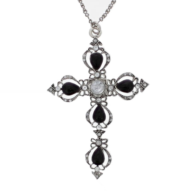 Black Pearl & Diamante Stone Cross Necklace