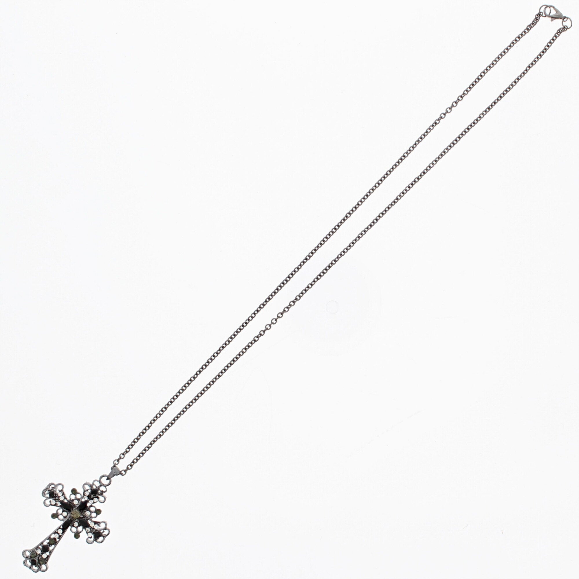 Gun Metal Diamante Stone Cross Chain Necklace