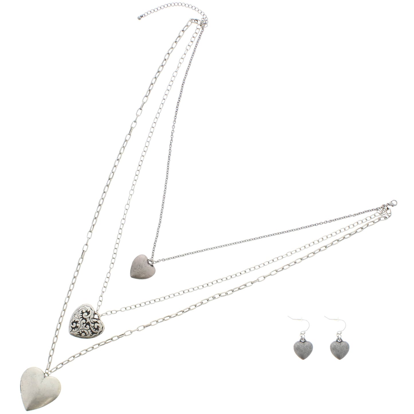 Antique Silver Triple Heart Locket Necklace & Earrings Set