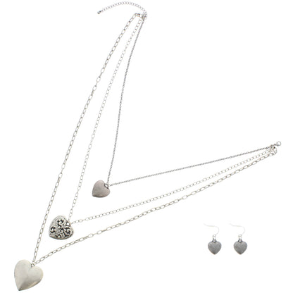 Antique Silver Triple Heart Locket Necklace & Earrings Set
