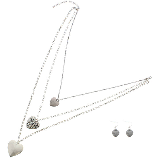Antique Silver Triple Heart Locket Necklace & Earrings Set