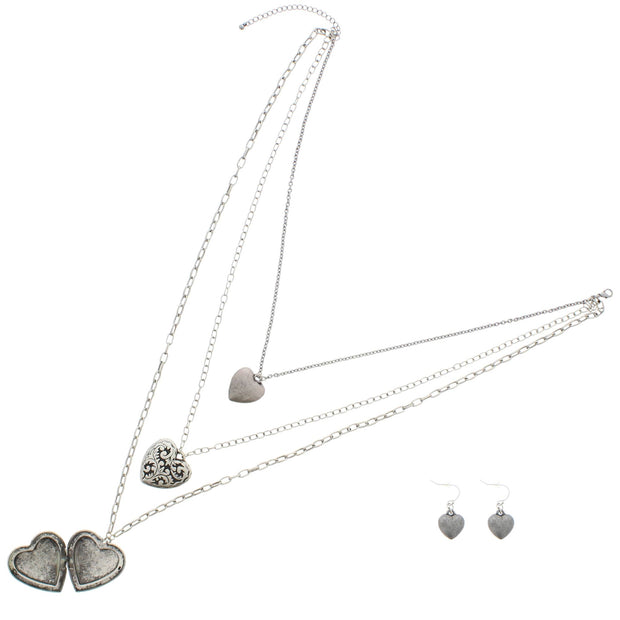 Antique Silver Triple Heart Locket Necklace & Earrings Set