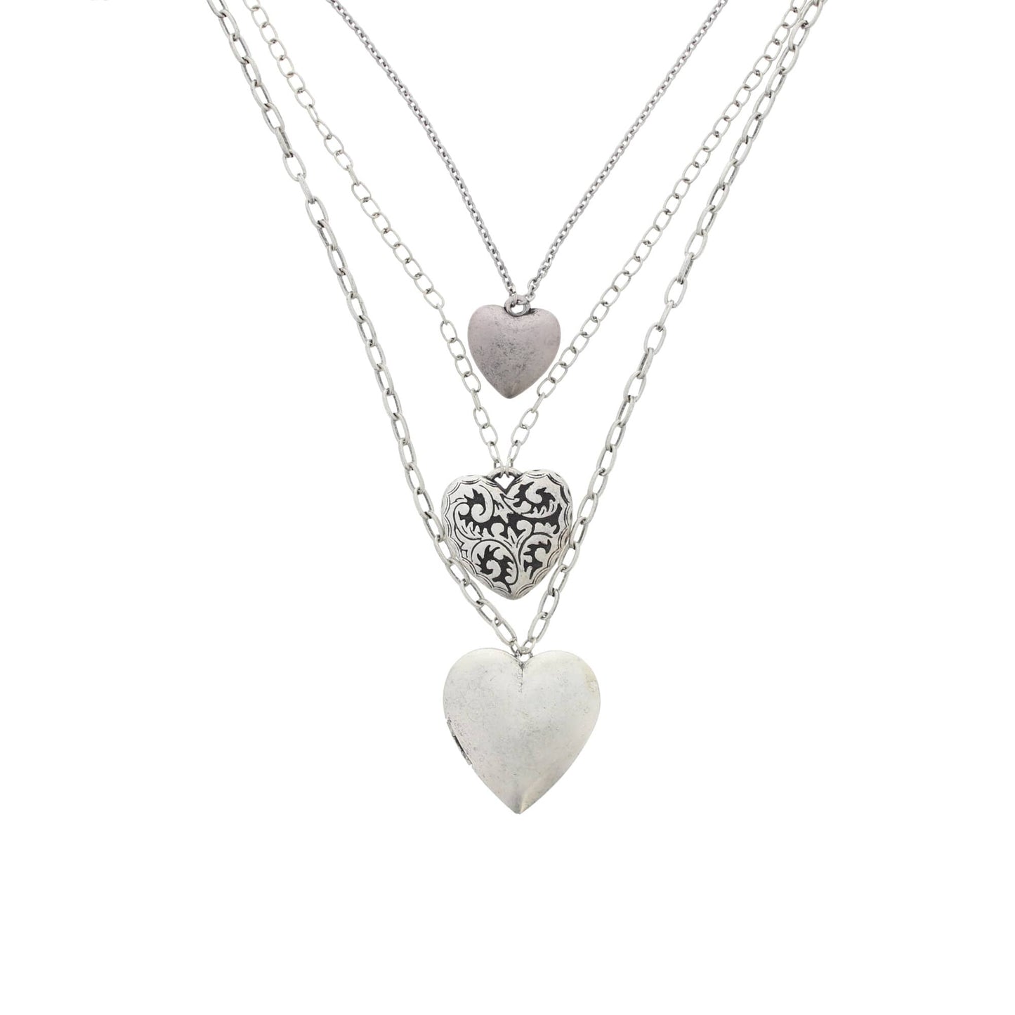 Antique Silver Triple Heart Locket Necklace & Earrings Set