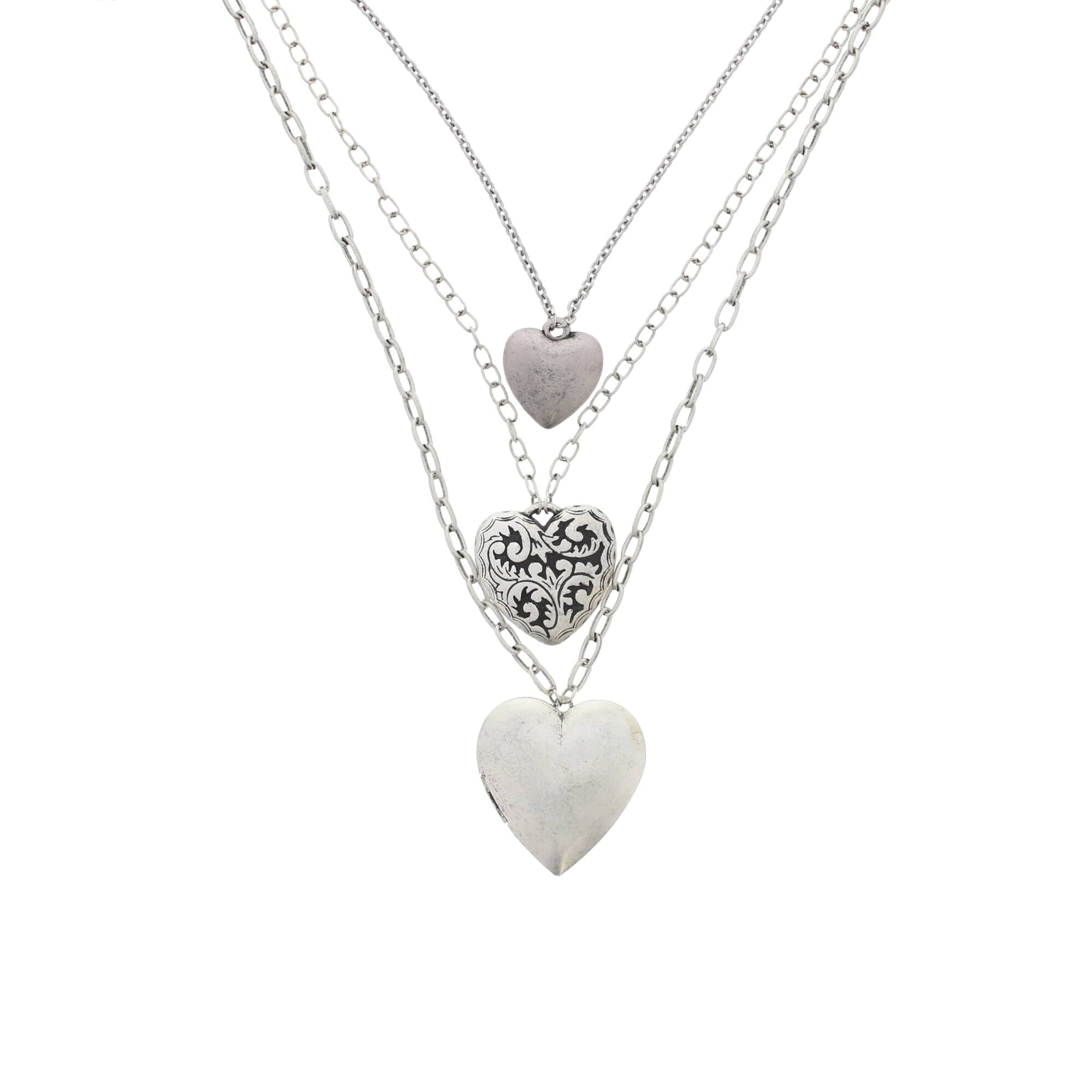 Antique Silver Triple Heart Locket Necklace & Earrings Set