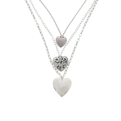 Antique Silver Triple Heart Locket Necklace & Earrings Set