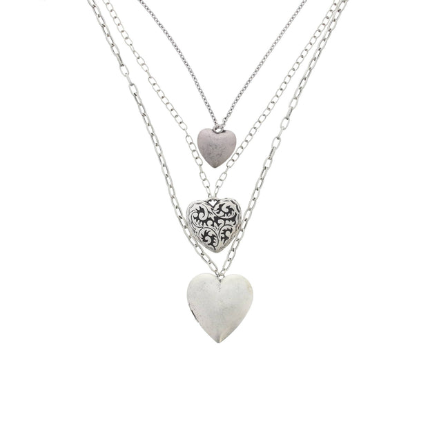 Antique Silver Triple Heart Locket Necklace & Earrings Set