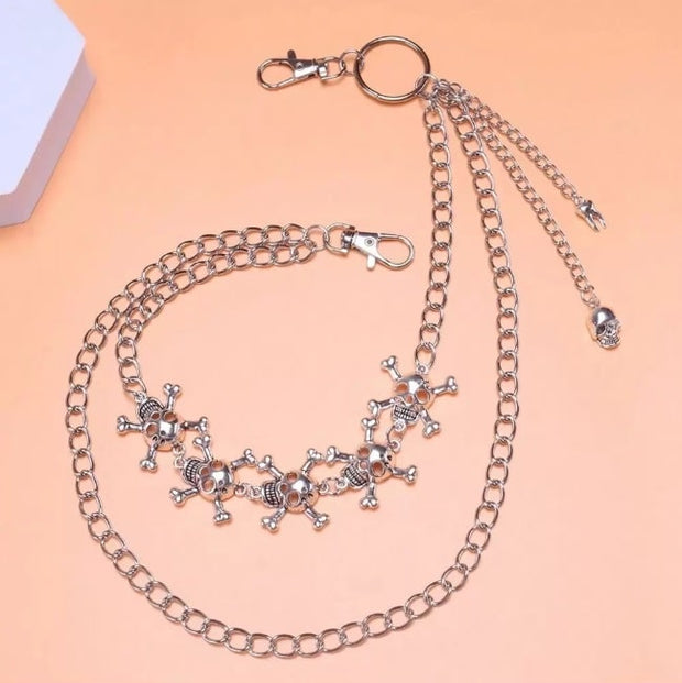 Multi Skull & Crossbone Double Hipchain with Skull & Fang Attachments