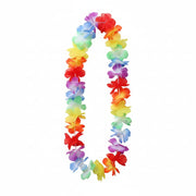 Colorful flower leis on a white background