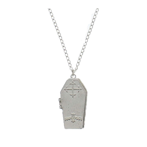 Open Coffin Chain Necklace with Bat & Cross Emblems