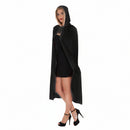 A person wearing a black hooded cloak covering the entire body, standing against a white background. The person is also wearing high heels.